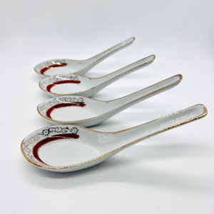 Vintage Chinese porcelain soup spoons | Noodle soup spoon | Chinese ceramic spoons, gilded white porcelain spoon