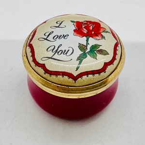 Halcyon Days, I Love you, with a red Rose English Enamel pill pot, vintage small enamel box with screw on lid