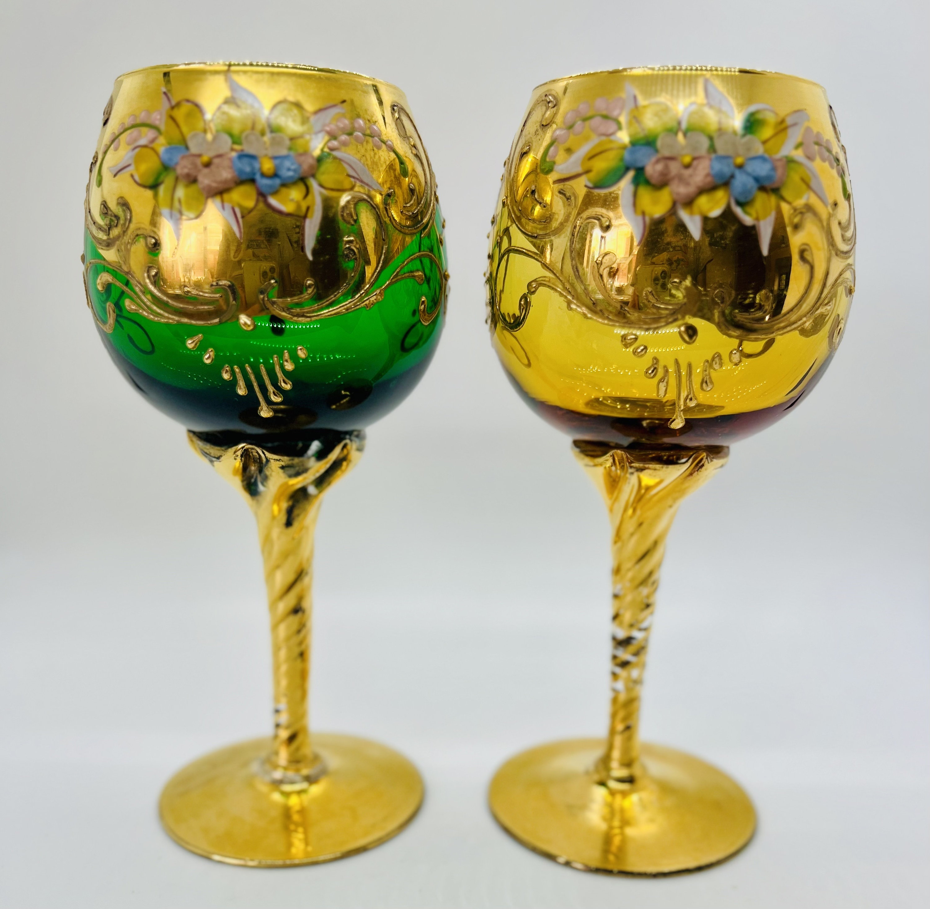 Antique Venetian Delicate Green and Gold Cocktail Glasses- Set of 6