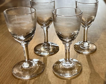 Set of 4 Antique Needle-Etched Liqueur or shot Glasses – Handblown – Delicate Banding – c.1900s