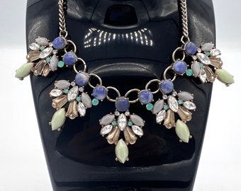 Vintage Silver Tone Statement Necklace: Faux Stone & Crystal Boho Choker