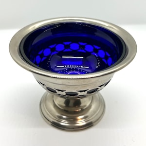 Vintage MANCO Silver Plated Basket: Handblown Cobalt Blue Glass Bowl