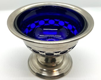Sucrier Métal Argenté Vintage Avec Couvercle Et Bouton Bleu – Déco Chic