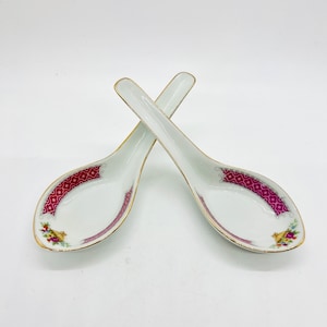 Vintage Chinese porcelain soup spoons | Noodle soup spoon | Chinese ceramic spoons, gilded white porcelain spoon