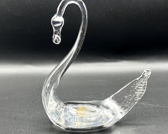 Vintage Handblown Glass Swan, decorative clear glass animal figurine piece, height