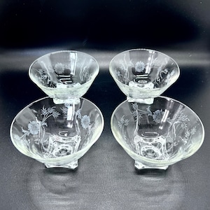 Vintage Glass Coupe Bowls: Floral Etched Cocktail Saucers, Set of 4