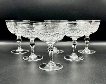 Vintage Tudor lead crystal coupe glasses, made in England, rare set of 6 small cocktail saucer glasses, height 10 cm