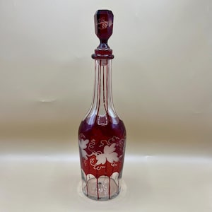 Antique Bohemian Red Glass Decanter: Etched Grape Design, 33cm
