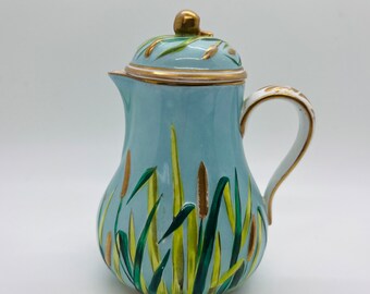 Antique Majolica Porcelain Lidded Pitcher: Gilded Relief Jug, England