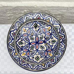 Large Moroccan Safi Ceramic Bowl | Hand-Painted Terracotta Pottery Plate with Moorish Floral Design | Signed Safi