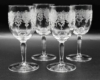 Vintage Needle etched Glasses | Set of 4 glasses, ornamental etched sherry glasses, 12 cm