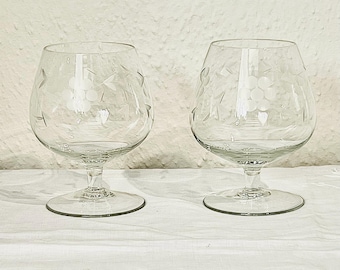 Vintage Etched Crystal Cognac Glasses, Floral Grape Design