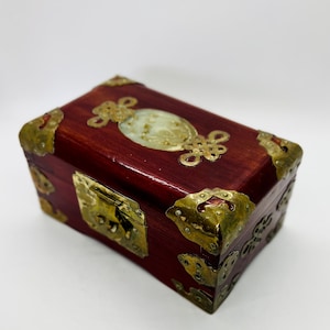 Vintage Chinese Wood lacquered jewellery Box with inlay Jade and brass ornaments. Decorative Jewellery Organizer Box