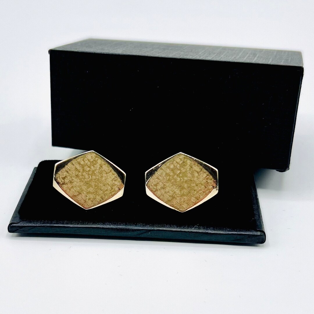 Boutons De Manchette Vintage Dorés - Motif Géométrique Années 60-70 - Occasion