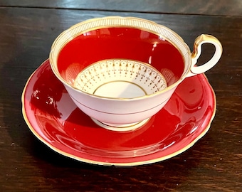 Antique Ansley Teaset | Antique Cabinet Tea Cup and Saucer, Vintage Teacup Bone China | Red and Gold Cup | English High Tea | Ansley Teacup