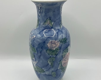 手描き花柄の磁器花瓶 ヴィンテージブルー花柄磁器花瓶：手描き牡丹模様、高さ25.5cm - Etsy 日本