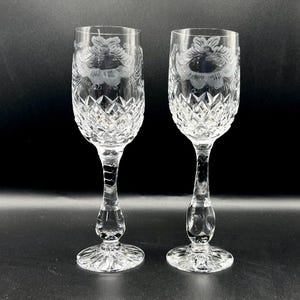 Vintage Brierley Hill Crystal Champagne Flutes: Flower Etched Toasting Glasses