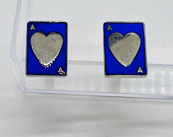 Vintage Ace of Hearts Cufflinks: Blue Enamel Silver Tone Costume Jewelry