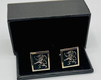 Vintage Gold Tone Cufflinks: Large Square Lion Enamel