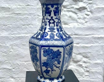 Large Vintage Chinese Blue & White Porcelain Vase, Grapevine Floral Panels, 36cm
