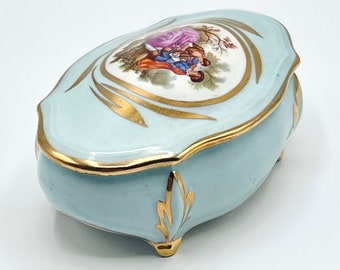 Vintage Limoges Porcelain Trinket Pot: Handpainted Fragonard Scene