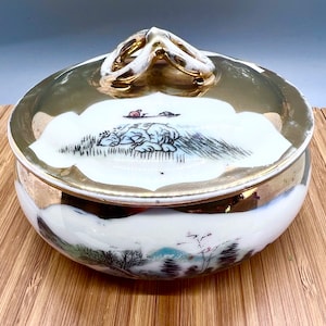 Vintage Japanese Lidded Bowl: Handpainted Mountain Landscape