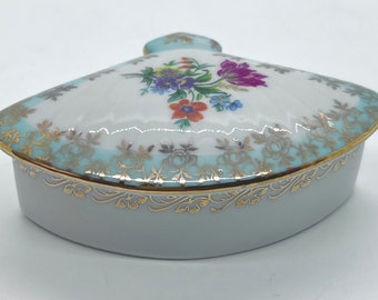 Vintage Dresden Porcelain Trinket Box | Fan shaped porcelain lidded box | Dresden flower gilded pill box | Vintage porcelain trinket box