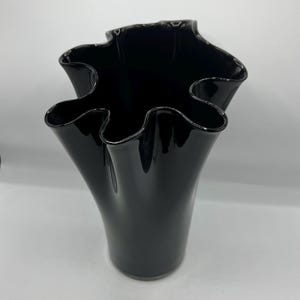 Vintage Black Glass Vase: Handkerchief Wave Rim, Modernist Home Decor