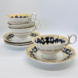 Antikes Kobaltblau Vergoldetes Teetasse und Untertassen-Set