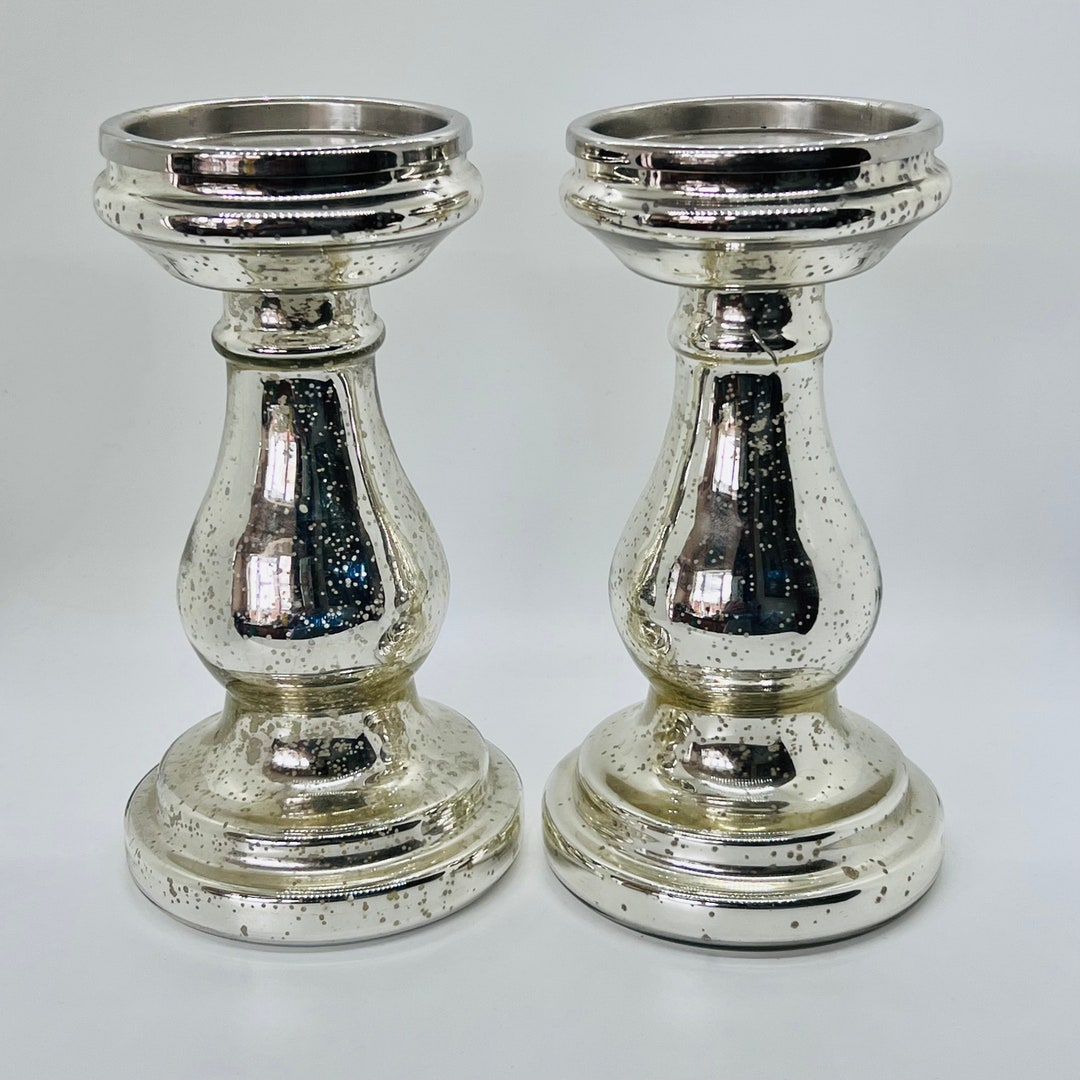 Vintage Glass Candle Stick Holders, Mercury Glass Pair of Candle