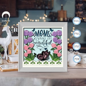 3D fête des mères citation tulipe fleur ombre boîte, pour la Silhouette, fichiers pour cricut, papier cartonné Svg, modèle de découpe de papier
