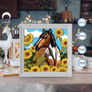 Boîte d'ombre de cheval de tournesols 3D, pour la Silhouette, des fichiers pour cricut, Svg de papier cartonné, modèle de coupe de papier