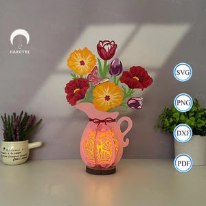 Blumenvase Mohn Mix Tulpe Laterne SVG für Cricut Projekt DIY, Blumen Schattenbox, Laterne Blumenvase Lampe für Wohnkultur