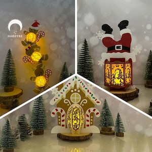 Lot de 3 lanternes de Noël SVG pour projet Cricut DIY, boîte d'ombre de Noël, lampe de Noël lanterne pour décoration d'intérieur