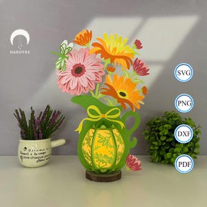 Jarrón de flores con gerberas y linterna SVG para proyectos de Cricut DIY, caja de sombras de flores, lámpara de jarrón de flores con linterna para decoración del hogar