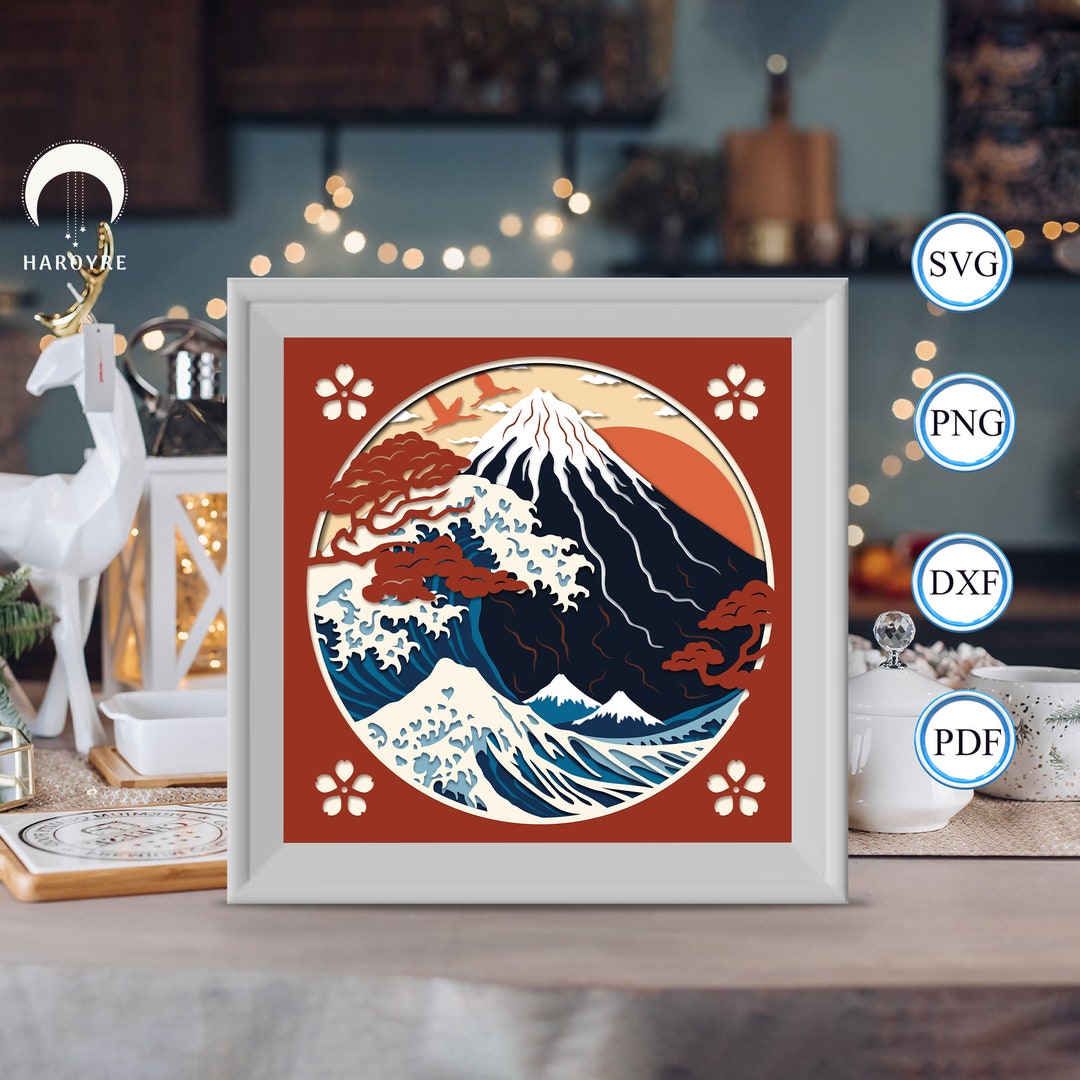 Wave Mountain Japan shadow box svg, Wave paper cut light box, shadow ...