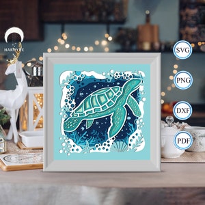 Caja de sombra de tortuga marina SVG, caja de luz de corte de papel de tortuga, plantilla de caja de sombra para Cicut DIY, caja de luz 3D SVG hecha a mano 3