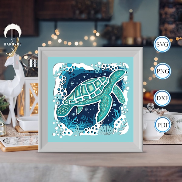 Sea Turtle shadow box svg, Turtle paper cut light box, shadow box template for Cicut DIY, 3D light box SVG handmade 3