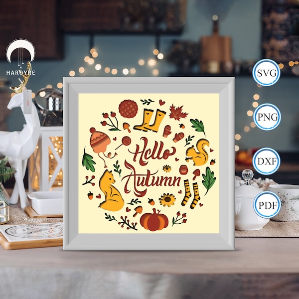 Hello Autumn 2 shadow box svg, Autumn paper cut light box, shadow box template for Cicut DIY, 3D light box SVG handmade Hello Autumn 2 shadow box svg, Autumn paper cut light box, shadow box template for Cicut DIY, 3D light box SVG handmade