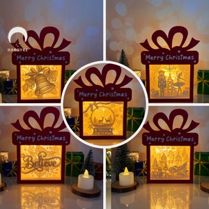 Pack 5 Christmas 3 Gift box SVG for Cricut Project DIY, Christmas Shadow Box, Gift box Lamp For Christmas Decor
