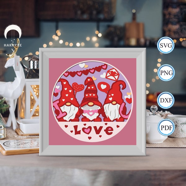 Gnome Love shadow box svg, Love paper cut light box, shadow box template for Cicut DIY, 3D light box SVG handmade 2
