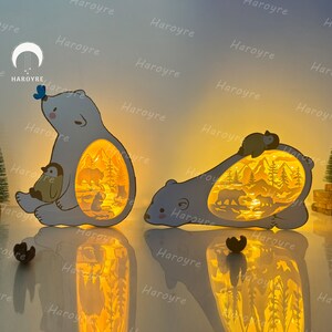 Lot de 2 lanternes oursons SVG pour projet Cricut DIY, boîte ombre animal, lampe boîte ours pour décoration de Pâques