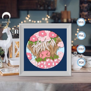 Boîte d'ombre florale 3D de vache des Highlands, pour la Silhouette, fichiers pour cricut, papier cartonné Svg, modèle de papier découpé 2