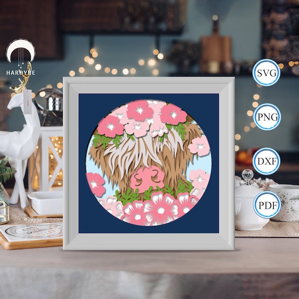 Floral Highland Cow shadow box svg, Highland Cow paper cut light box, shadow box template for Cicut DIY, 3D light box SVG handmade 2 Floral Highland Cow shadow box svg, Highland Cow paper cut light box, shadow box template for Cicut DIY, 3D light box SVG handmade 2