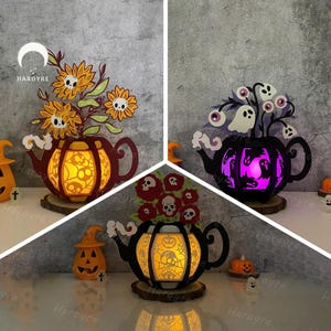 Lot de 3 lanternes fleurs bouilloire SVG pour projet Cricut DIY, boîte d'ombre de fleurs, lampe fleurs lanterne bouilloire pour décoration intérieure