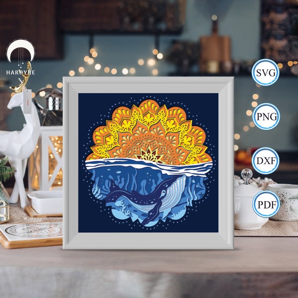 Whale Mandala shadow box svg, Whale paper cut light box, shadow box template for Cicut DIY, 3D light box SVG handmade