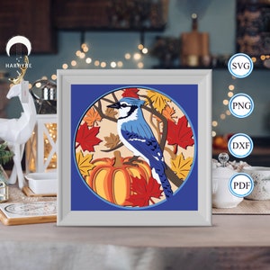 3D automne geai bleu Shadow Box, pour Silhouette, fichiers pour cricut, papier cartonné Svg, modèle de découpe de papier