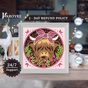 3d Floral Highland Cow Shadow Box, for Silhouette, Files for cricut, Cardstock Svg, Paper Cut Template 2