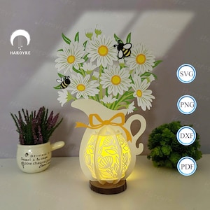Vase à fleurs marguerite lanterne SVG pour projet Cricut bricolage, boîte d'ombre pour la maison, lampe fleur lanterne pour décoration intérieure