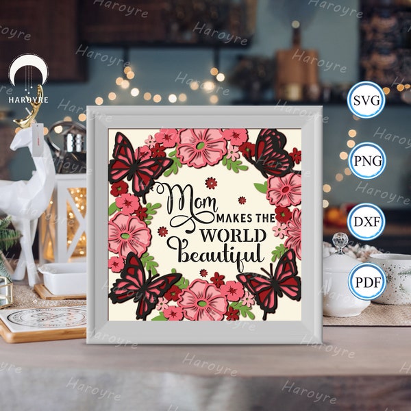 Mom Makes the World are Beautiful shadow box svg, Mom paper cut light box, shadow box template for Cicut DIY, 3D light box SVG handmade